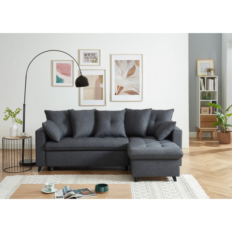Canapé d'angle LOU convertible 4 places en tissu gris avec angle réversible et coffre