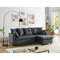 Canapé d'angle LOU convertible 4 places en tissu gris avec angle réversible et coffre