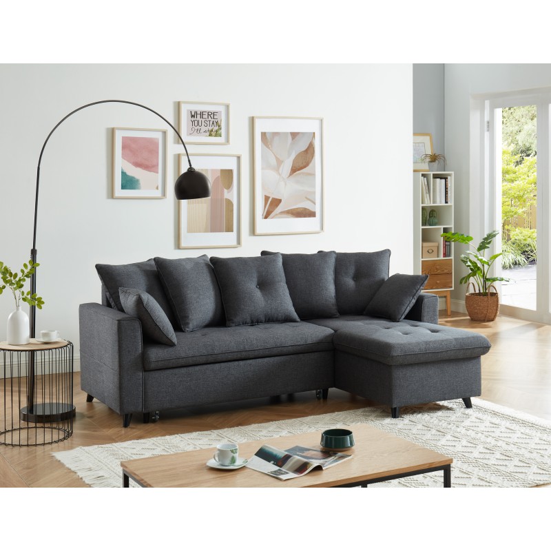 Canapé d'angle LOU convertible 4 places en tissu gris avec angle réversible et coffre