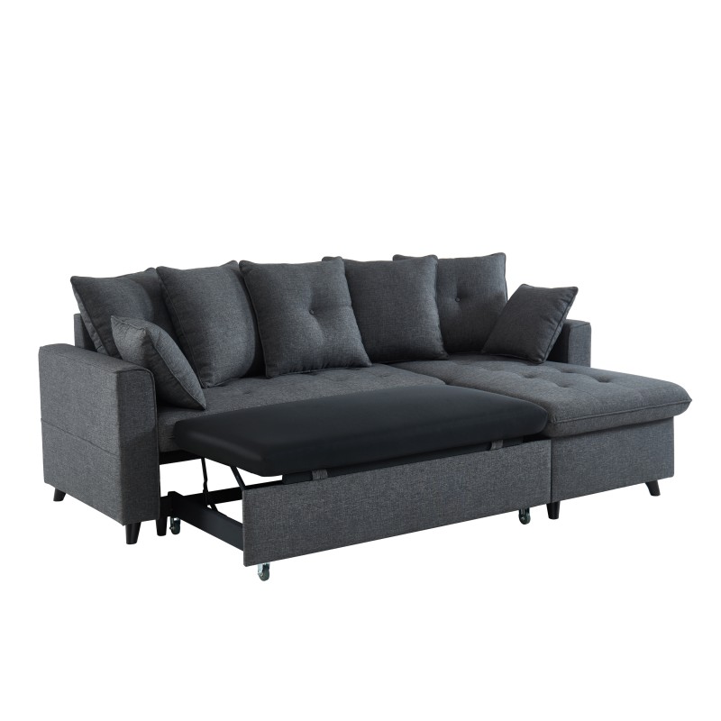 Canapé d'angle LOU convertible 4 places en tissu gris avec angle réversible et coffre