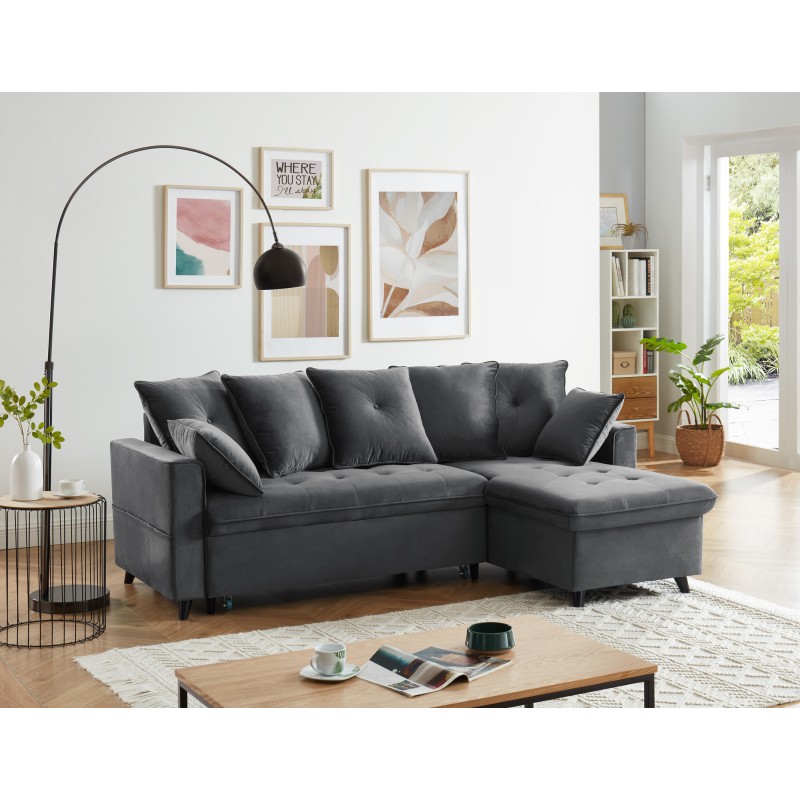 Canapé d'angle LOU convertible avec angle réversible en velours gris 4 places et coffre