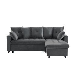 Canapé d'angle LOU convertible avec angle réversible en velours gris 4 places et coffre