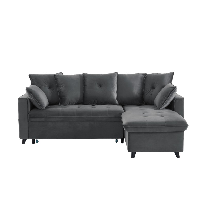 Canapé d'angle LOU convertible avec angle réversible en velours gris 4 places et coffre