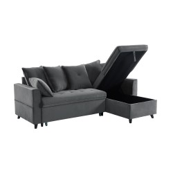 Canapé d'angle LOU convertible avec angle réversible en velours gris 4 places et coffre