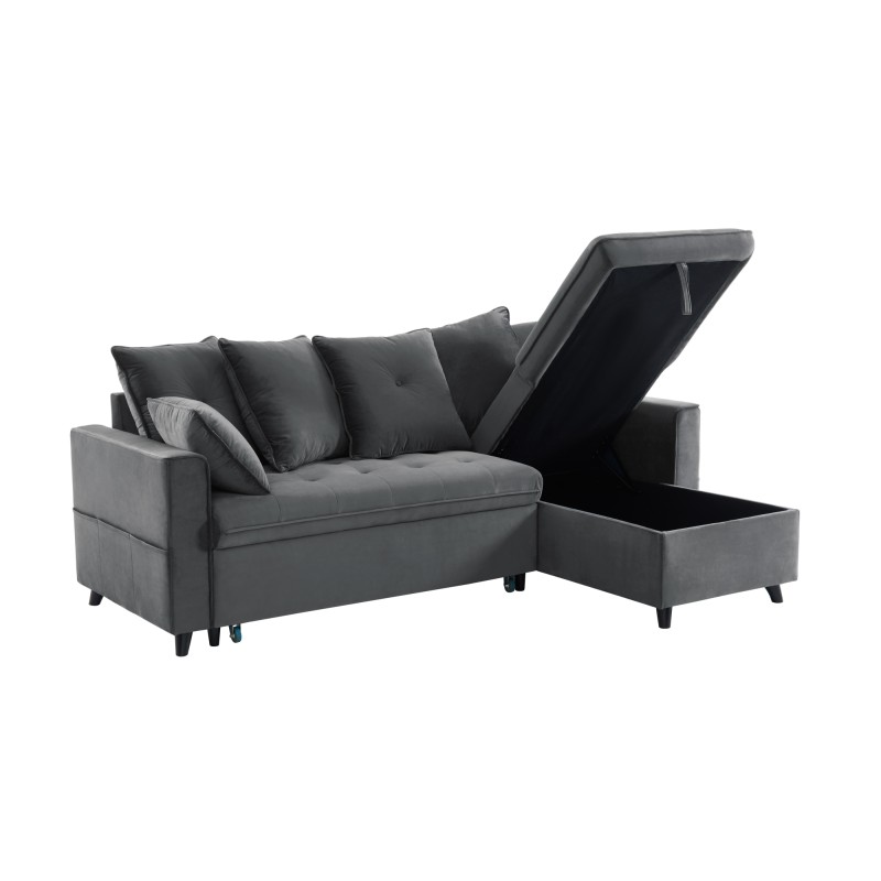 Canapé d'angle LOU convertible avec angle réversible en velours gris 4 places et coffre