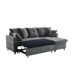 Canapé d'angle LOU convertible avec angle réversible en velours gris 4 places et coffre