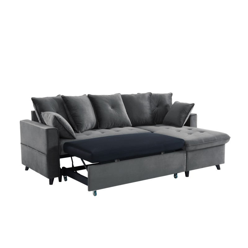 Canapé d'angle LOU convertible avec angle réversible en velours gris 4 places et coffre