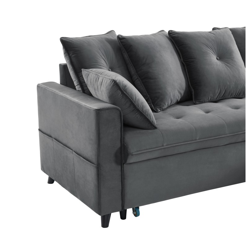 Canapé d'angle LOU convertible avec angle réversible en velours gris 4 places et coffre