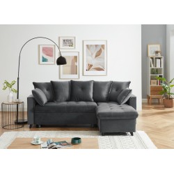 Canapé d'angle LOU convertible avec angle réversible en velours gris 4 places et coffre