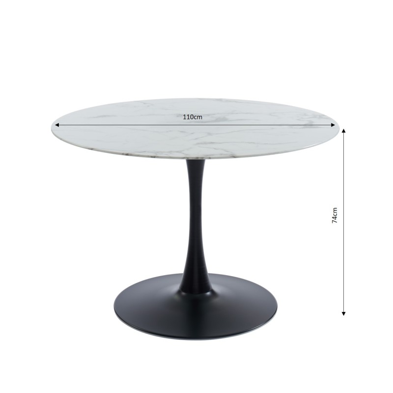 Table à manger MONIKA verre effet marbre ronde 110cm pied noir