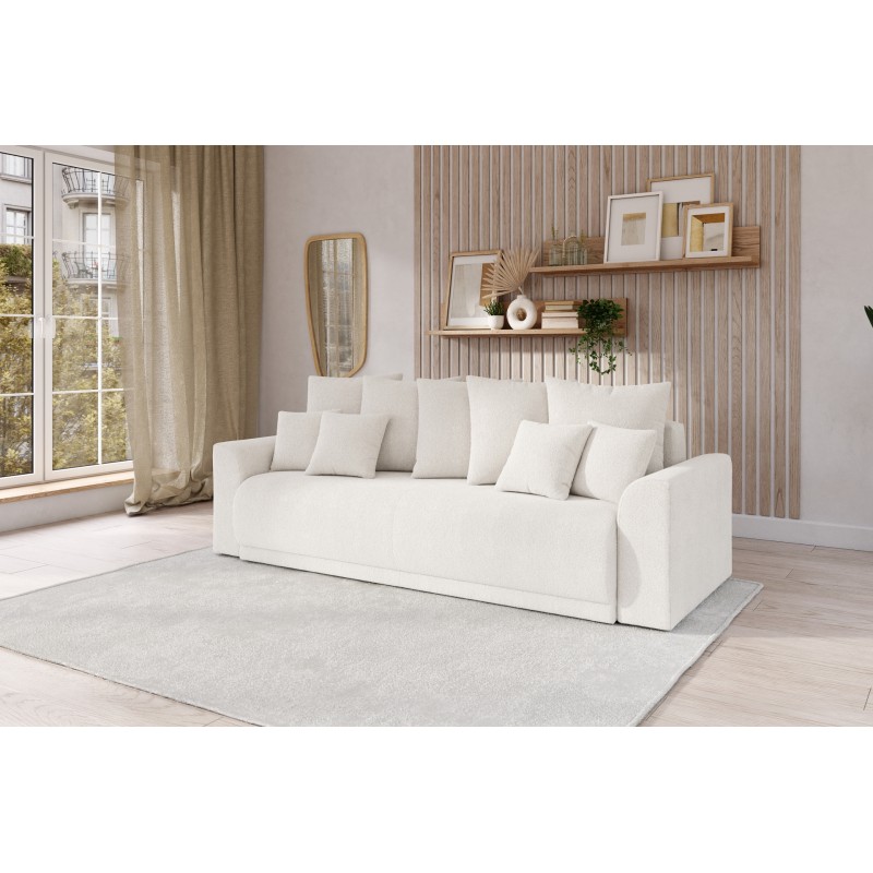 Canapé droit NOVA  convertible tissu bouclette blanc 3 places