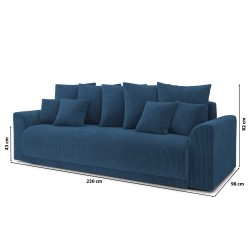 Canapé droit NOVA convertible  velours cotêlé bleu cobalt 3 places