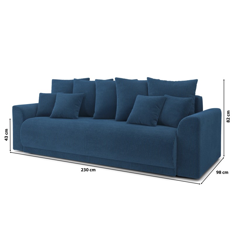 Canapé droit NOVA convertible  velours cotêlé bleu cobalt 3 places