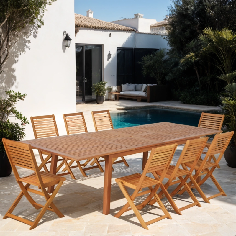 Ensemble repas de jardin CARINI 8 personnes en bois d'eucalyptus FSC