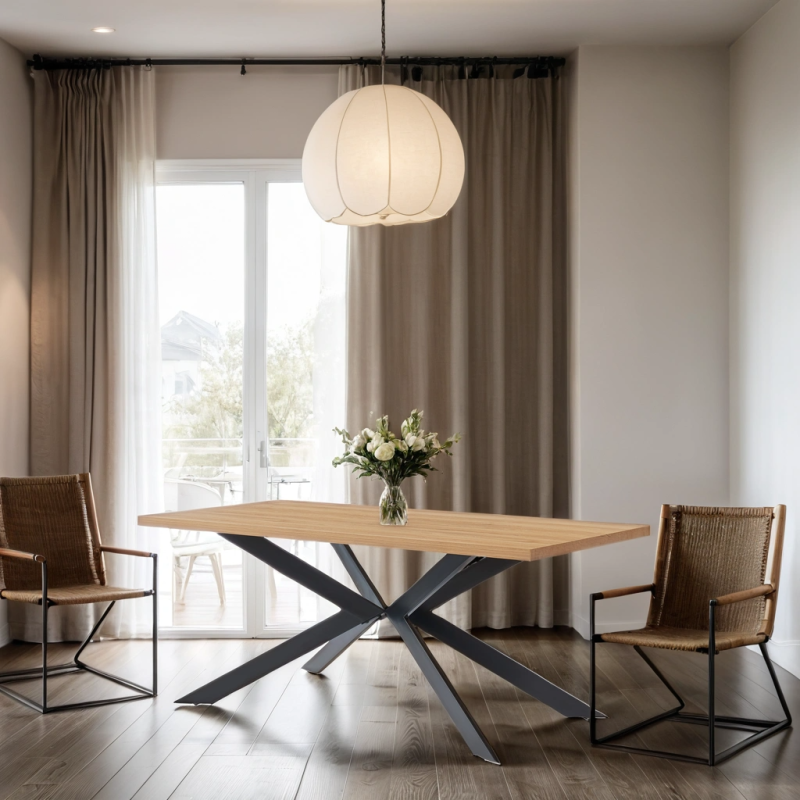 Table à manger FELIX effet chêne et métal noir pieds en x 180cm