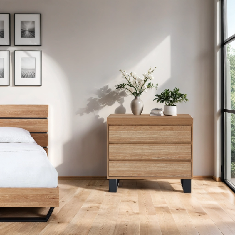 Commode FELIX effet chêne et métal noir 3 tiroirs 90cm