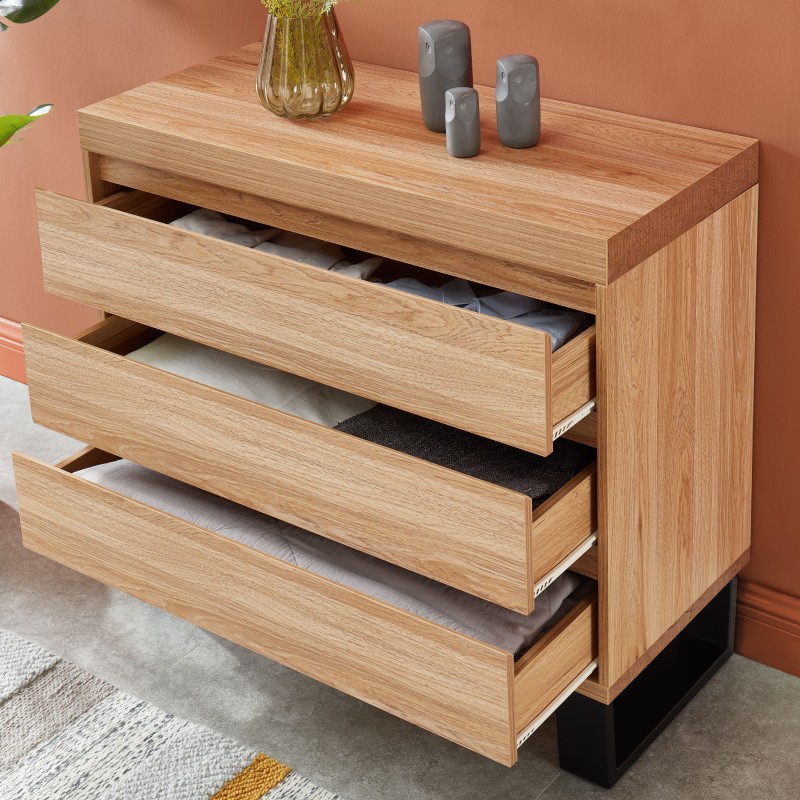 Commode FELIX effet chêne et métal noir 3 tiroirs 90cm