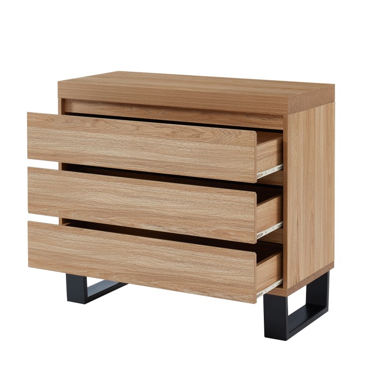 Commode FELIX effet chêne et métal noir 3 tiroirs 90cm