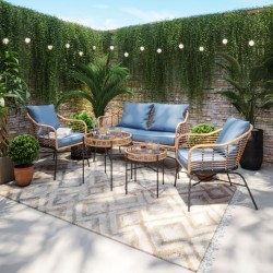 Salon de jardin MOOREA Coussins Bleu En Acier et Rotin Naturel