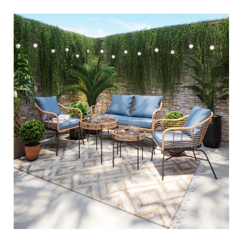 Salon de jardin MOOREA Coussins Bleu En Acier et Rotin Naturel