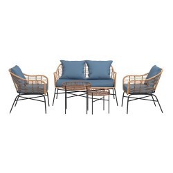 Salon de jardin MOOREA Coussins Bleu En Acier et Rotin Naturel