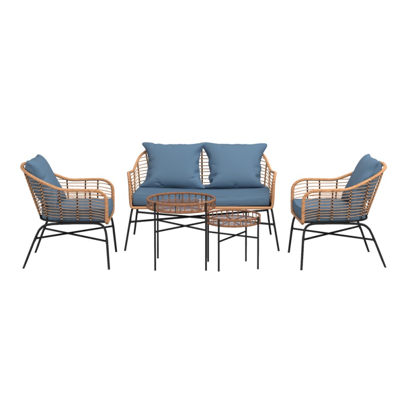 Salon de jardin MOOREA Coussins Bleu En Acier et Rotin Naturel Salon de jardin MOOREA Coussins Bleu En Acier et Rotin Naturel