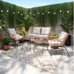 Salon de jardin MOOREA Coussins Gris En Acier et Rotin Naturel