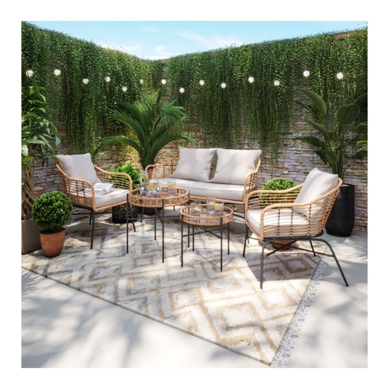 Salon de jardin MOOREA Coussins Gris En Acier et Rotin Naturel