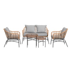 Salon de jardin MOOREA Coussins Gris En Acier et Rotin Naturel