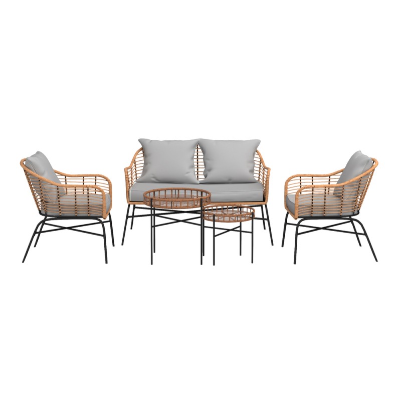 Salon de jardin MOOREA Coussins Gris En Acier et Rotin Naturel Salon de jardin MOOREA Coussins Gris En Acier et Rotin Naturel