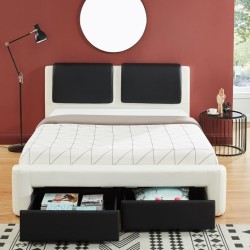 Lit à Tiroirs REVA Simili Blanc et Noir 140x190cm