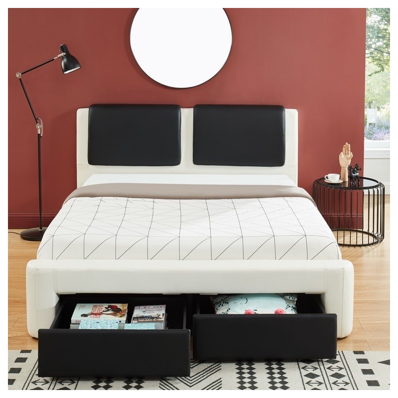Lit à Tiroirs REVA Simili Blanc et Noir 140x190cm