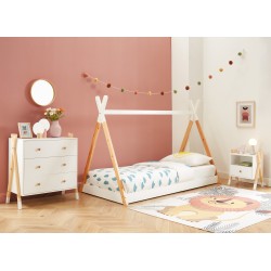 Ensemble chambre enfant TIPI blanc et pin massif lit chevet et commode