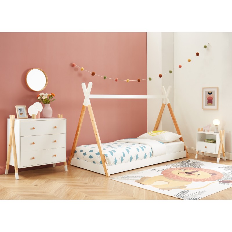 Ensemble chambre enfant TIPI blanc et pin massif lit chevet et commode