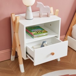 Ensemble chambre enfant TIPI blanc et pin massif lit chevet et commode