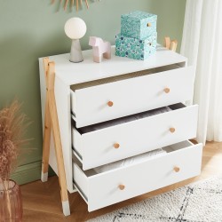 Ensemble chambre enfant TIPI blanc et pin massif lit chevet et commode