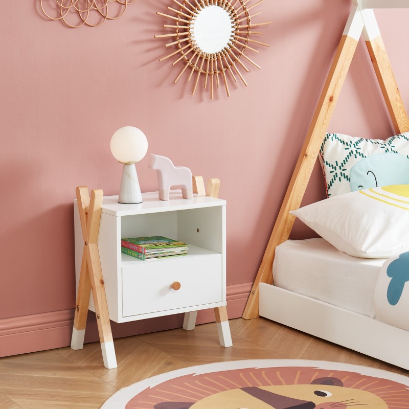 Ensemble chambre enfant TIPI blanc et pin massif lit chevet et commode