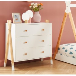 Ensemble chambre enfant TIPI blanc et pin massif lit chevet et commode