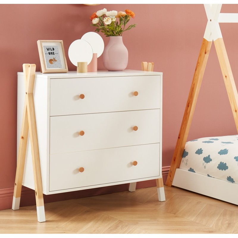 Ensemble chambre enfant TIPI blanc et pin massif lit chevet et commode