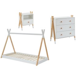 Ensemble chambre enfant TIPI blanc et pin massif lit chevet et commode