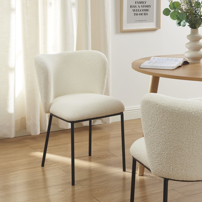 Lot de 2 chaises BIANCA tissu bouclette blanc pieds métal noir