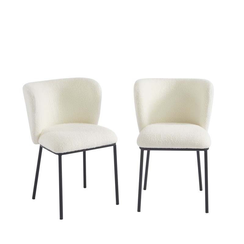 Lot de 2 chaises BIANCA tissu bouclette blanc pieds métal noir