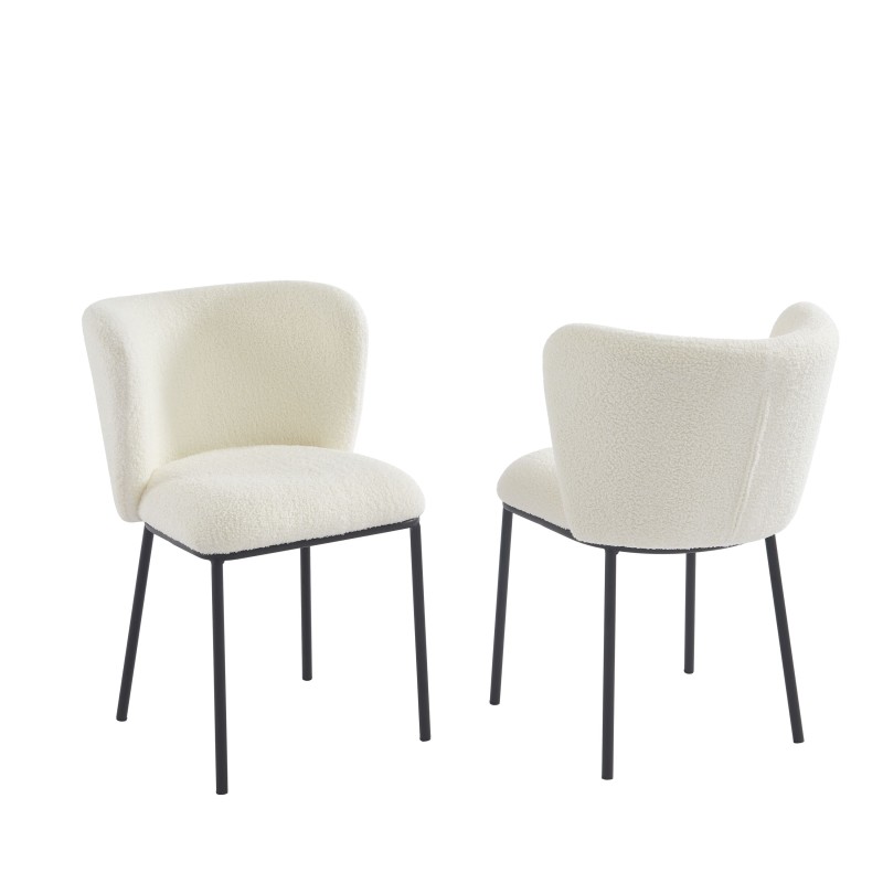 Lot de 2 chaises BIANCA tissu bouclette blanc pieds métal noir
