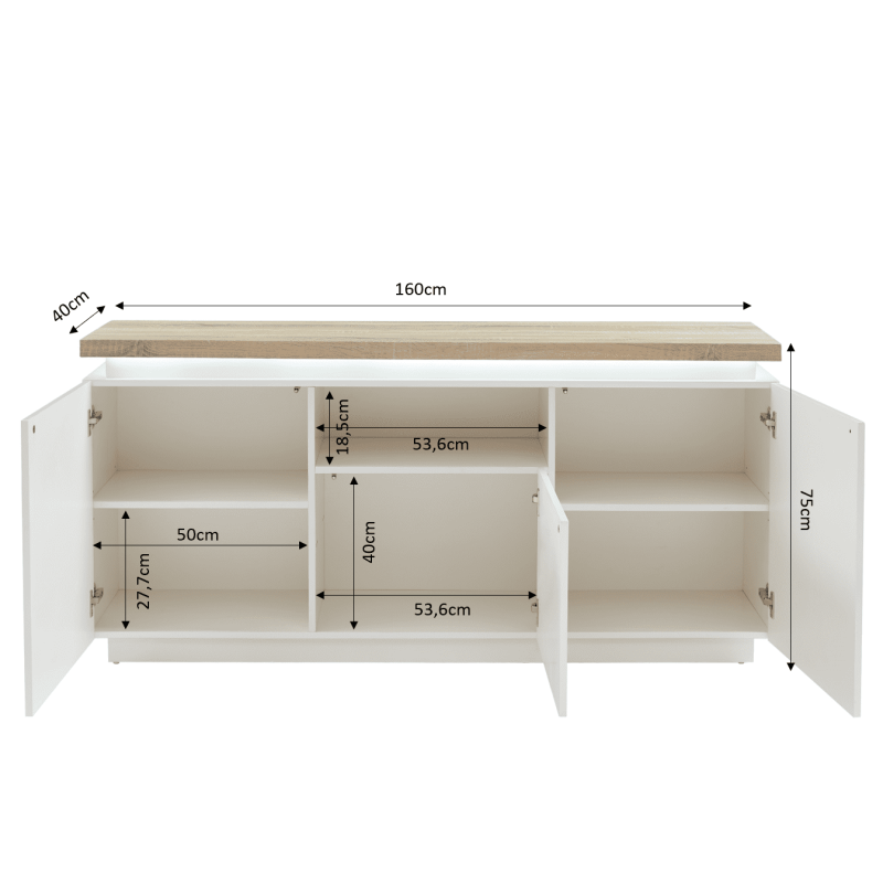 Buffet à led COSMOS laqué blanc et effet chêne 160cm