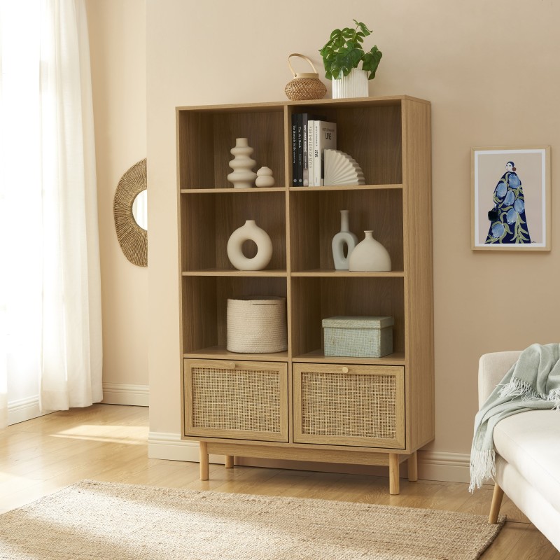 Bibliothèque HELENA effet chêne et cannage rotin 100cm