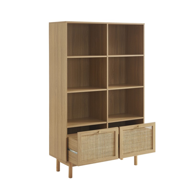 Bibliothèque HELENA effet chêne et cannage rotin 100cm