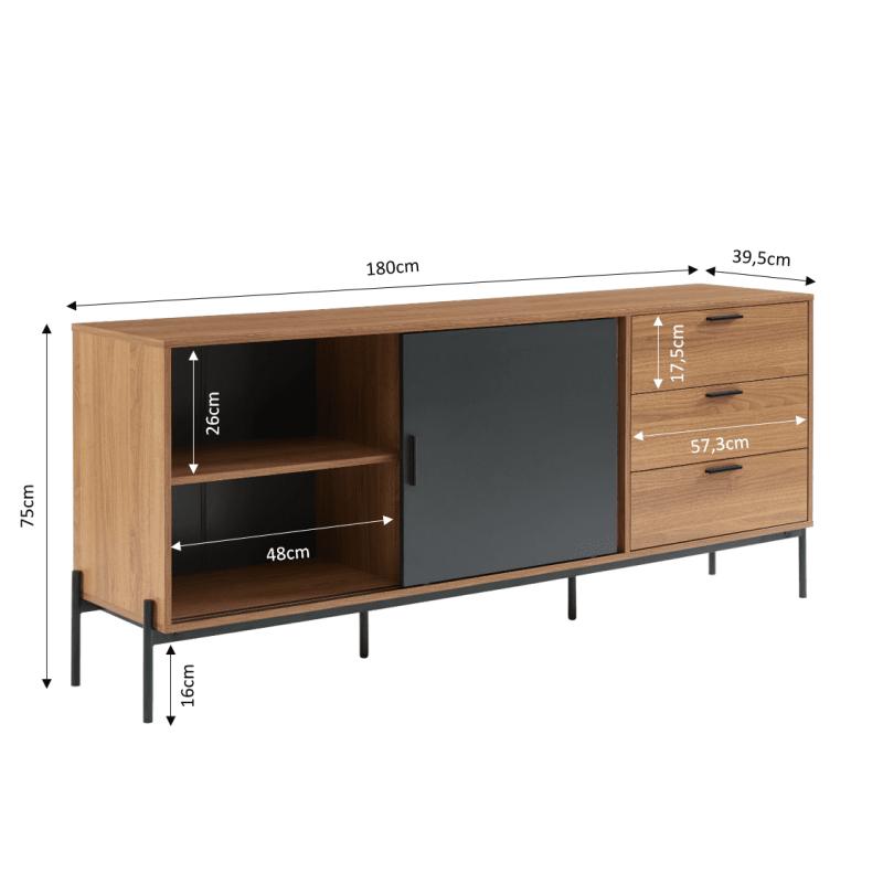 Buffet GEOMA effet chêne foncé et gris 180cm