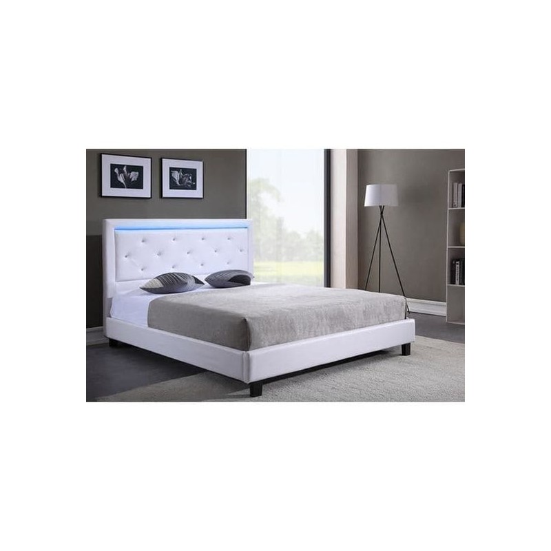 Lit à led FILIP simili blanc et strass matelas 140x190