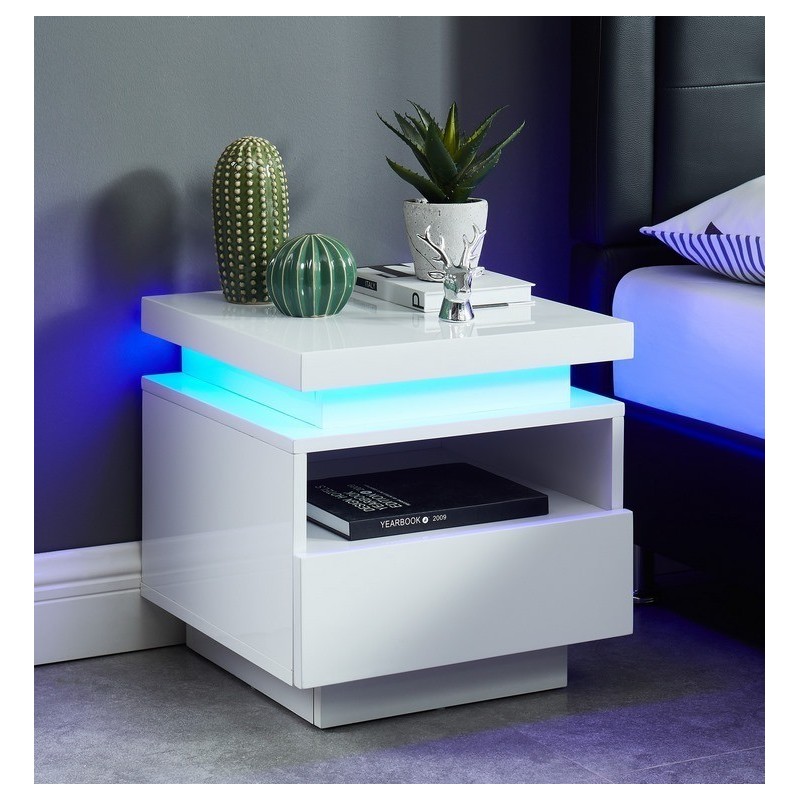 Table de chevet à led COSMOS laqué blanc brillant 40cm