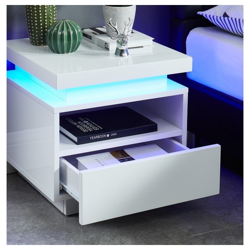 Table de chevet à led COSMOS laqué blanc brillant 40cm